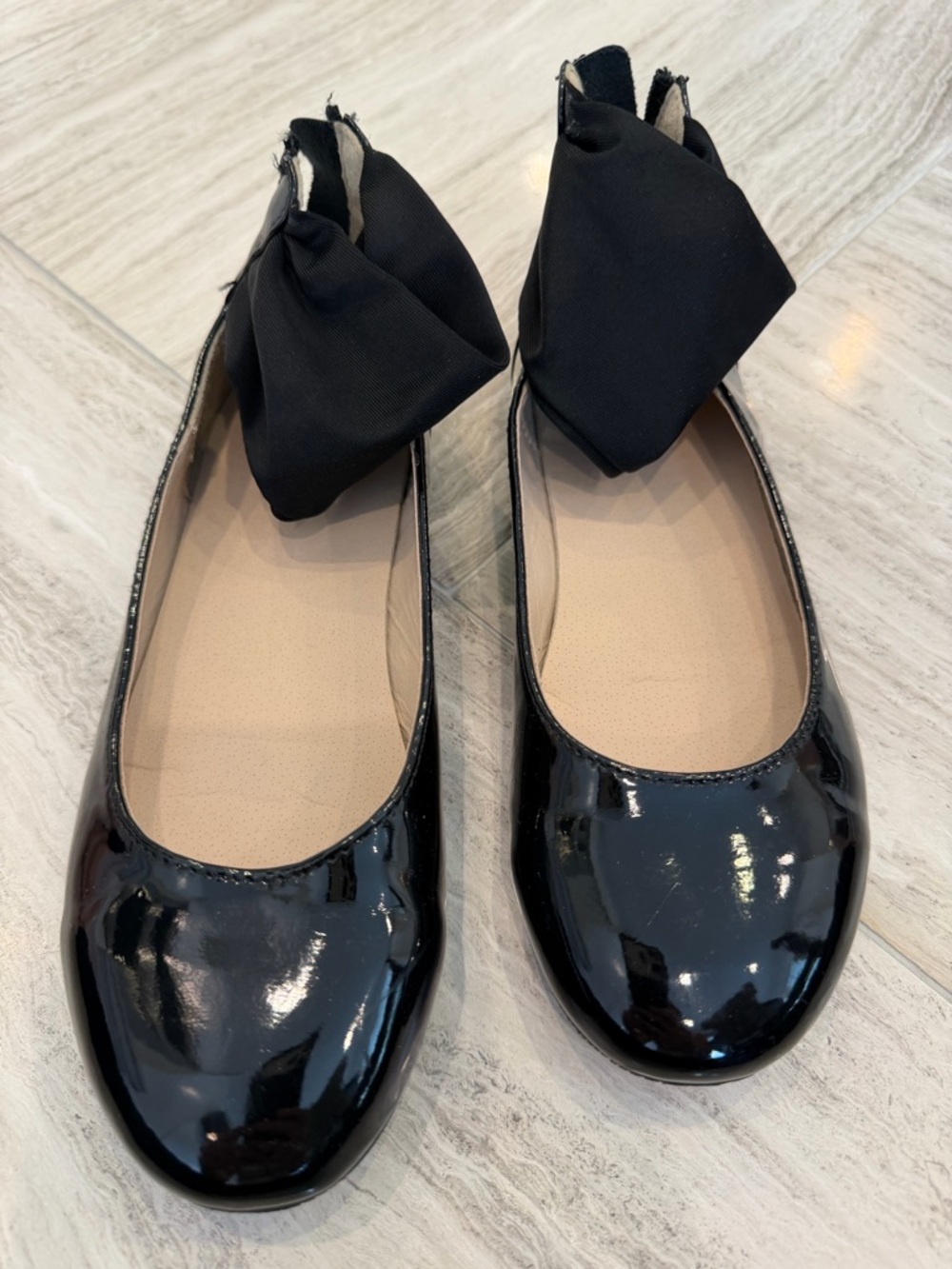 Girls Black Patent Ballet Flats with Ankle Strap Fabric Accent Size 32